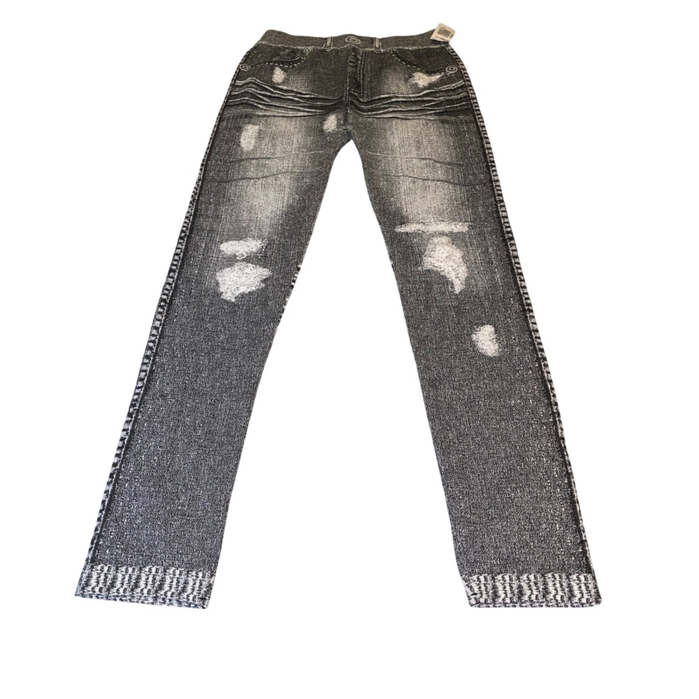 Y2K Denim Print Leggings Women M/L Gray Distressed Trompe L'oeil NWT L